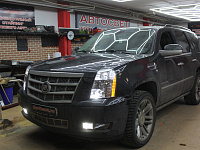 Cadillac Escalade - Установка диодных линз, замена ламп ДХО на яркие диодные, восстановление стекол фар.