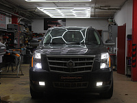 Cadillac Escalade - Установка диодных линз, замена ламп ДХО на яркие диодные, восстановление стекол фар.