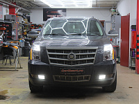 Cadillac Escalade - Установка диодных линз, замена ламп ДХО на яркие диодные, восстановление стекол фар.