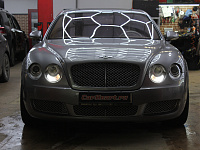 Bentley Flying Spur, замена штатных ксеноновых линз на бидиодные, полировка и оклейка стекол фар