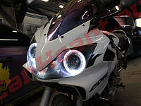 Honda CBR 600, установка Morimoto mini H1 и Devil Eyes